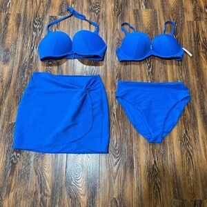 Victoria's Secret Blue Textured 4-Piece Swim Set 36D Push Up Skirt L 38D Bikini